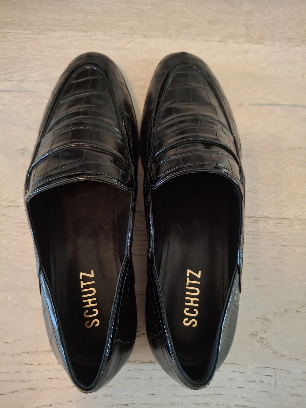 SCHUTZ Black Croc-Embossed Leather Penny Loafers
